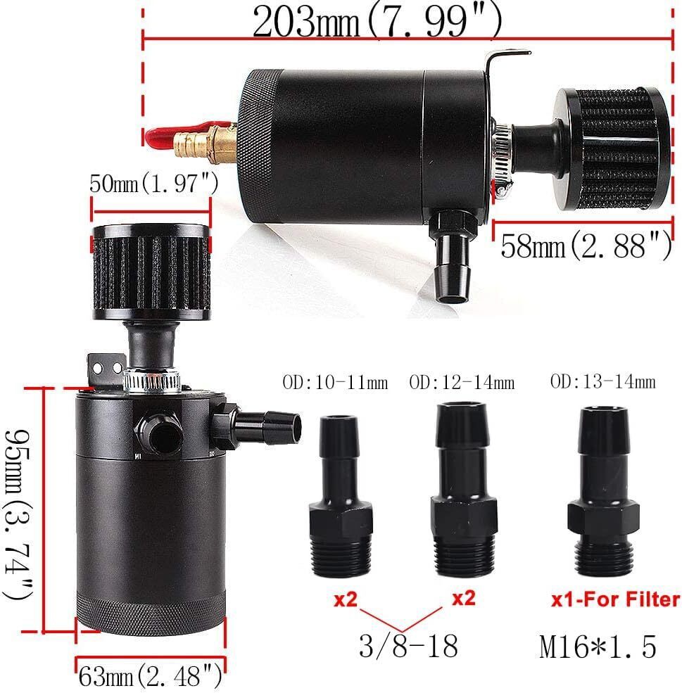 New 2 Port Reservoir Baffled Tank Oil Catch Can Drain Valve Breather Kits Black