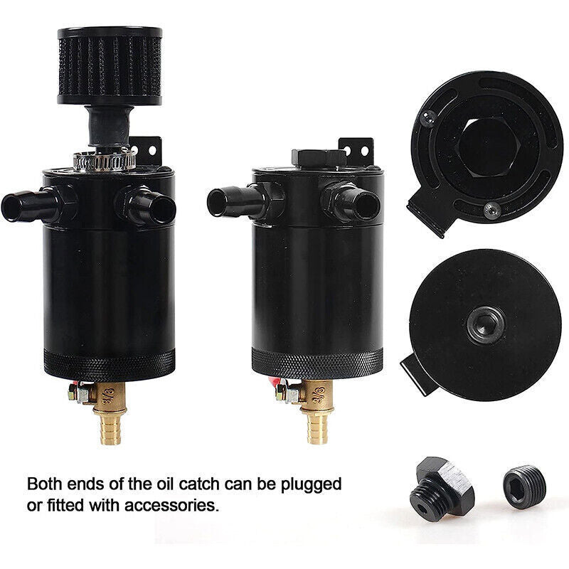 New 2 Port Reservoir Baffled Tank Oil Catch Can Drain Valve Breather Kits Black