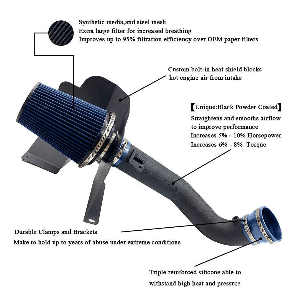 Black Cold Air Intake+Heat Shield Kit  for 2014-2018 Chevy GMC 1500 5.3L 6.2L