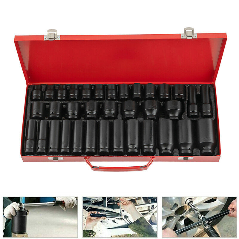1 Pack Deep Impact Socket Set 1/2" Metric Drive 8-32mm SAE Impact Sockets w/Case