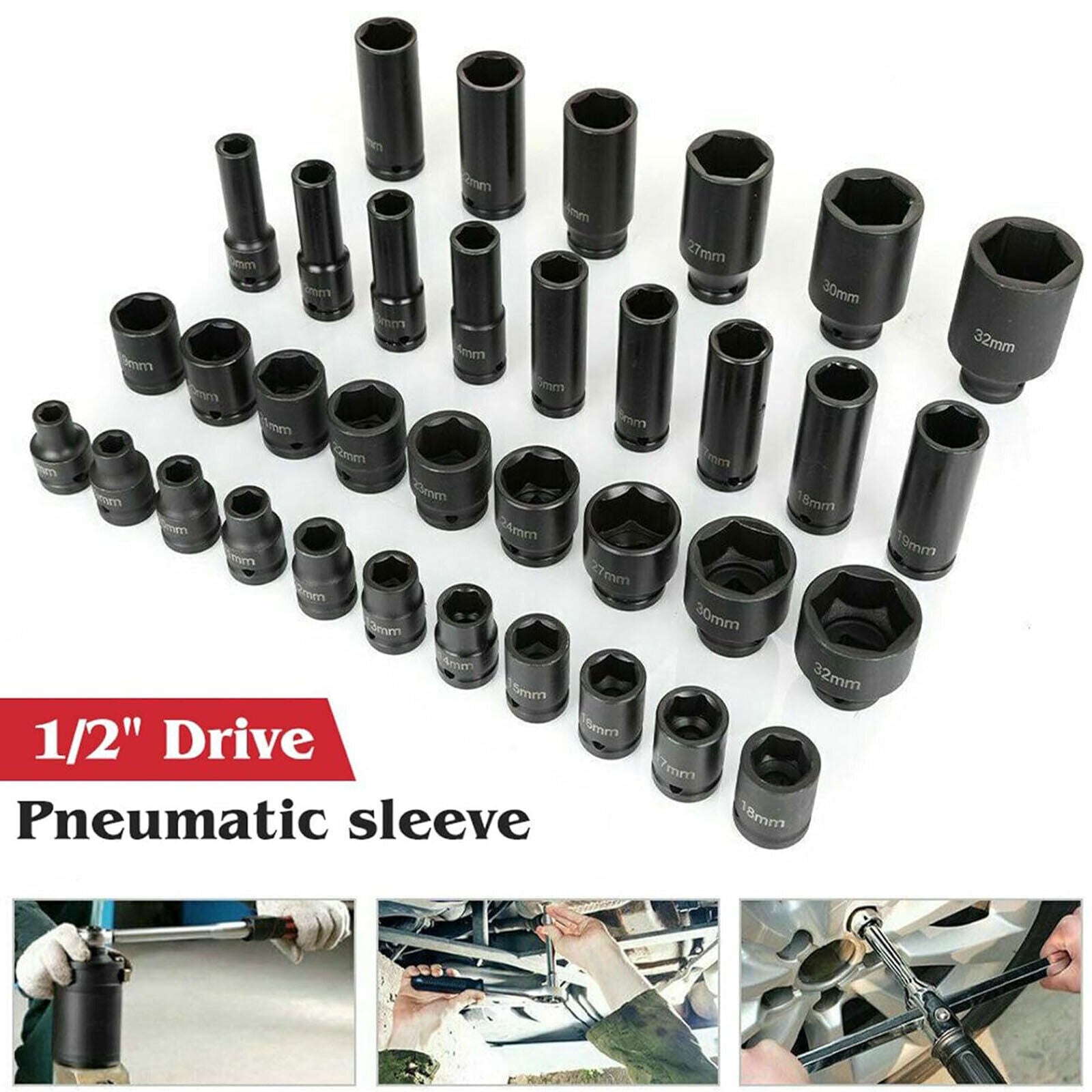 1 Pack Deep Impact Socket Set 1/2" Metric Drive 8-32mm SAE Impact Sockets w/Case