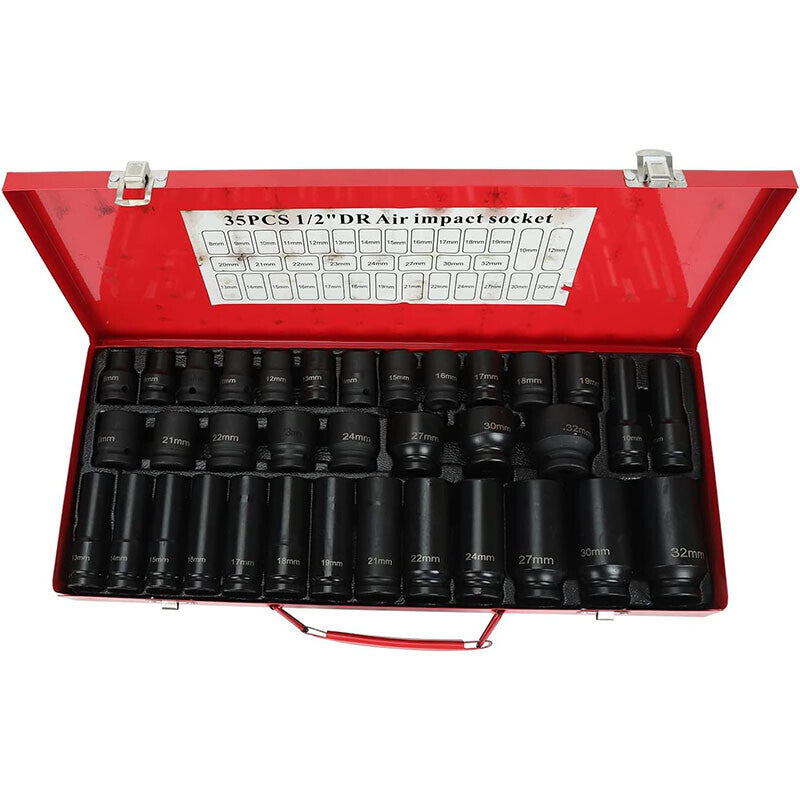 1 Pack Deep Impact Socket Set 1/2" Metric Drive 8-32mm SAE Impact Sockets w/Case
