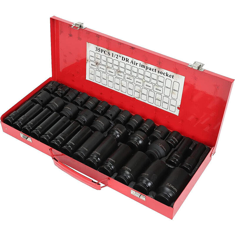 1 Pack Deep Impact Socket Set 1/2" Metric Drive 8-32mm SAE Impact Sockets w/Case