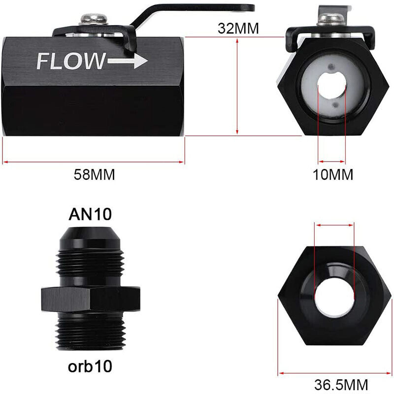 AN10 10AN Male Aluminum Inline Fuel Shut Off Valve w/ Cable Lever Black