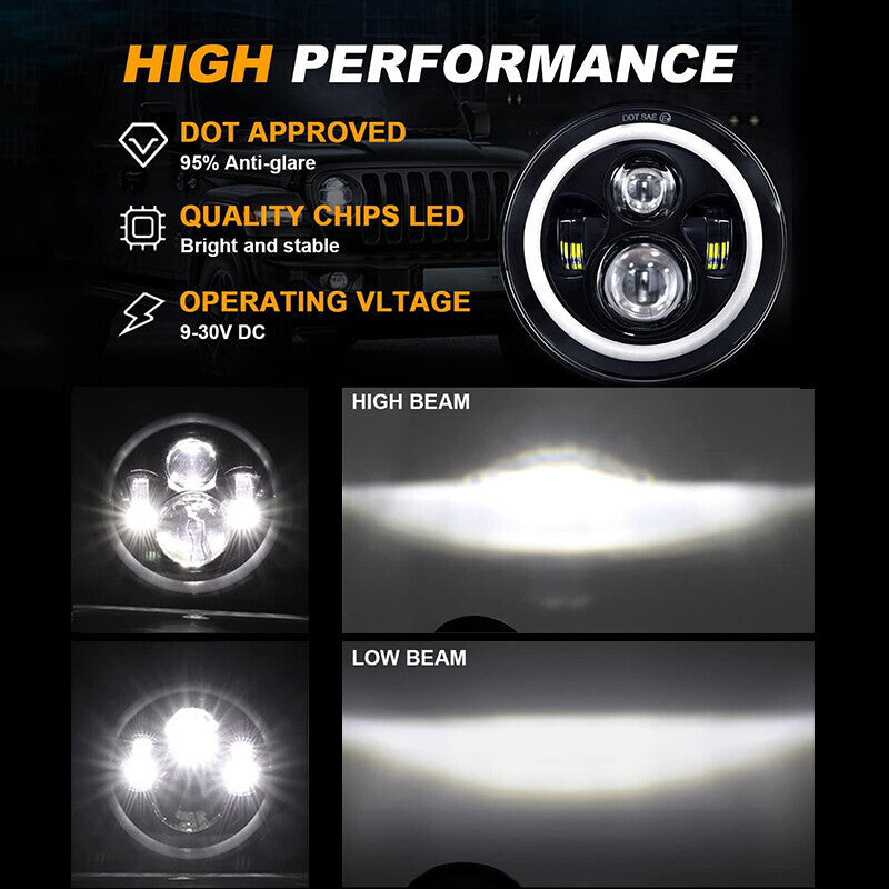 Pair 7" Inch Round LED Headlights Halo Angel Eyes For Jeep Wrangler JK LJ TJ CJ