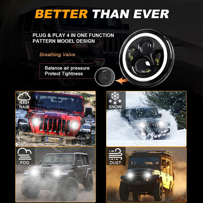 Pair 7" Inch Round LED Headlights Halo Angel Eyes For Jeep Wrangler JK LJ TJ CJ