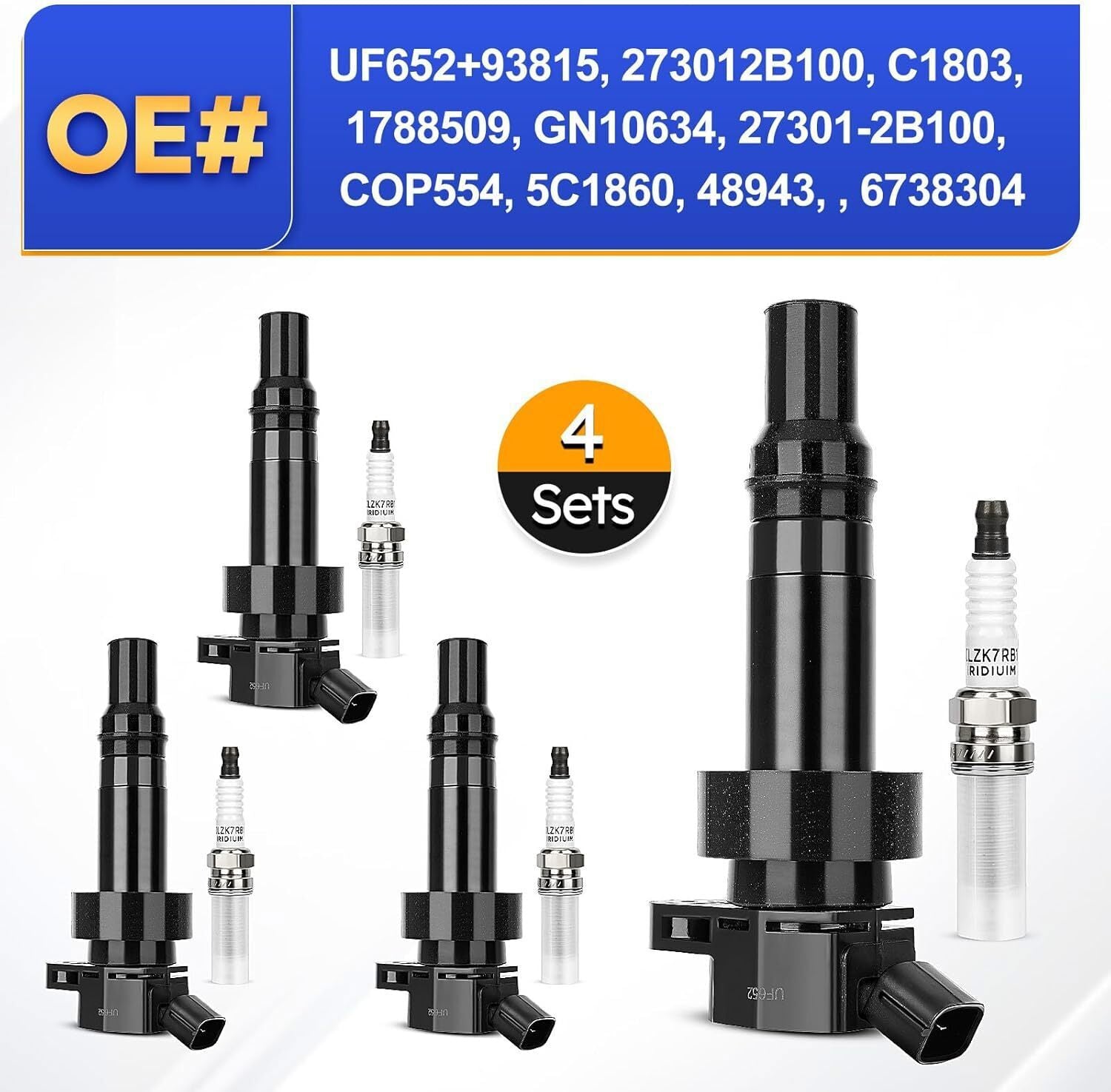 4Pack Ignition Coil UF652 & Iridium Spark Plug For Hyundai Accent Kia Soul 1.6L