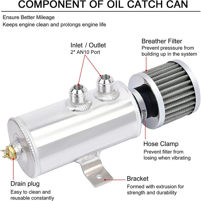 Enigne Aluminum 10AN Oil Catch Can Reservoir Tank W/ Breather Filter Baffled