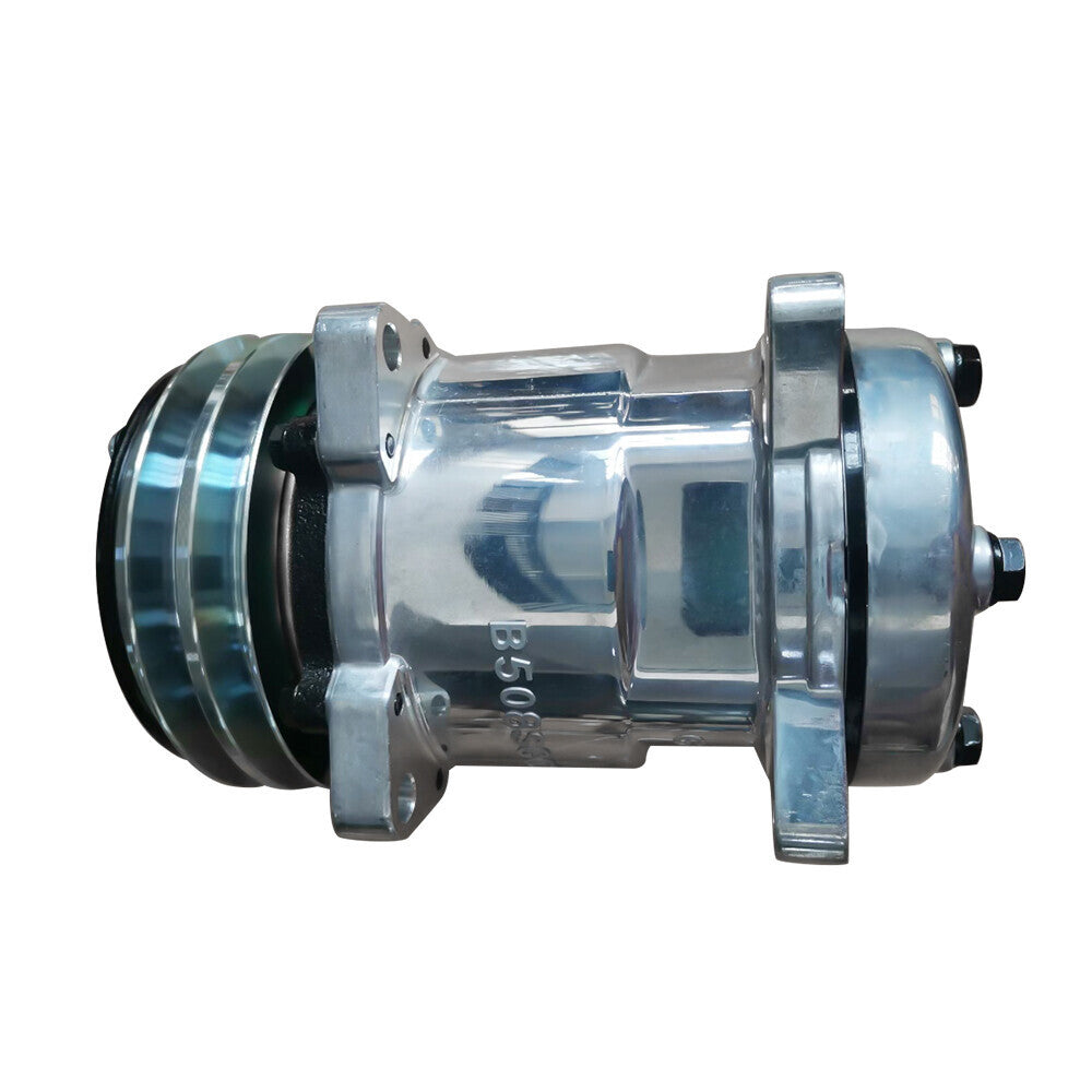 A/C Compressor w/ 2-Groove Pulley for Sanden 508 Style V-Belt Chrome Aluminum