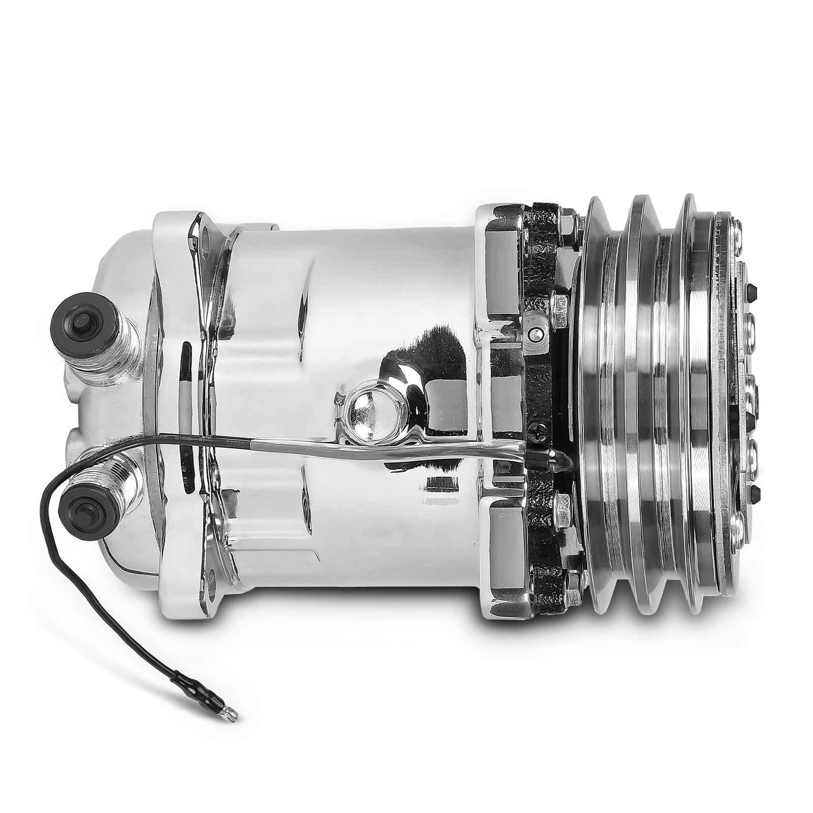 A/C Compressor w/ 2-Groove Pulley for Sanden 508 Style V-Belt Chrome Aluminum