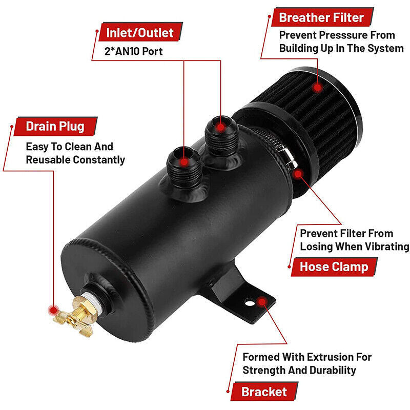 Universal 10AN Aluminum Baffled Oil Catch Can with Drain Valve Breather Filter