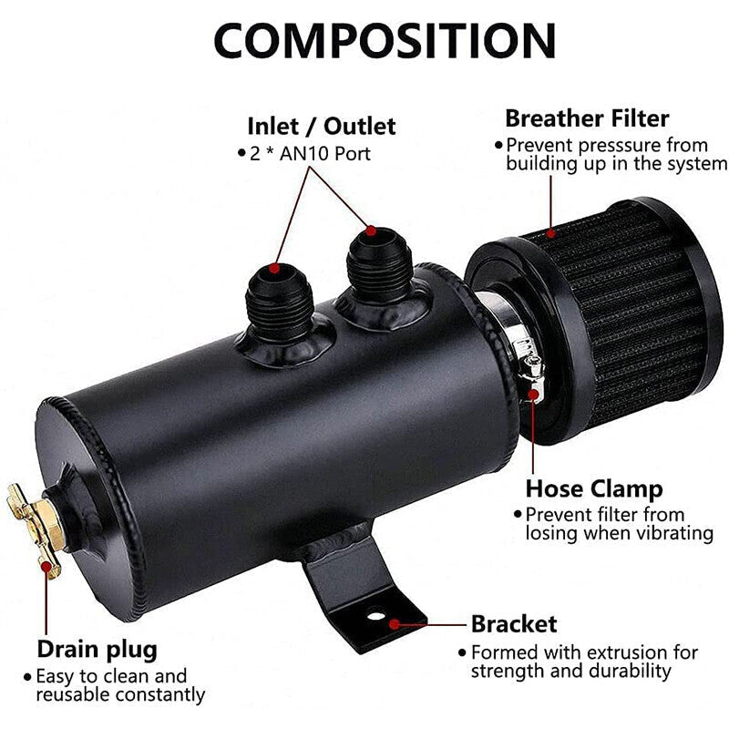 Universal 10AN Aluminum Baffled Oil Catch Can with Drain Valve Breather Filter