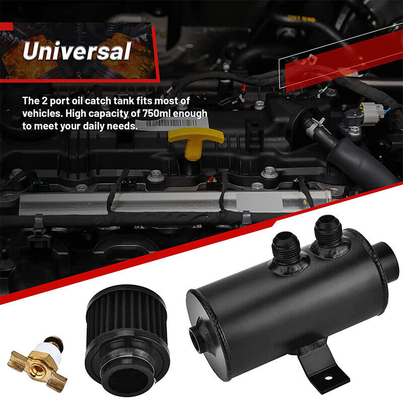 Universal 10AN Aluminum Baffled Oil Catch Can with Drain Valve Breather Filter