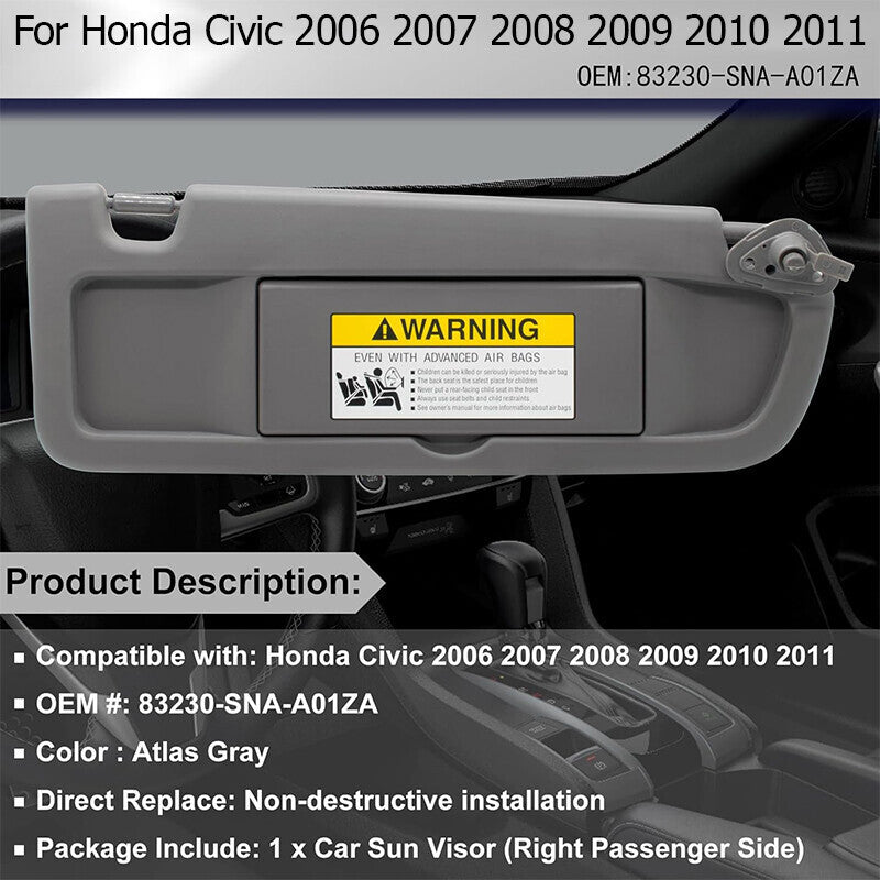 US Right Passenger Side Sun Visor For Honda Civic 2006 2007 2008 2009 2010 2011