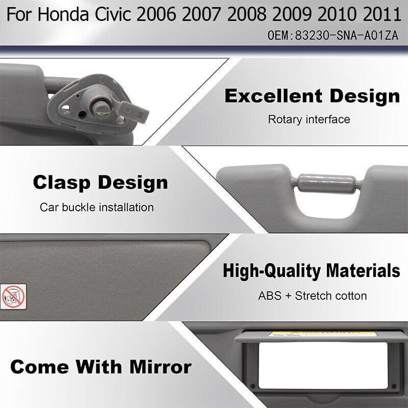 US Right Passenger Side Sun Visor For Honda Civic 2006 2007 2008 2009 2010 2011