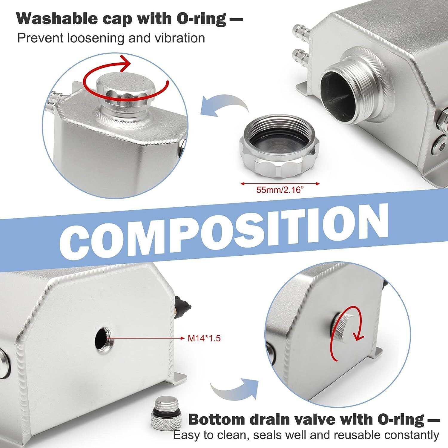 Car 1L Aluminum Radiator Coolant Overflow Bottle Water Reservoir Tank + Cap