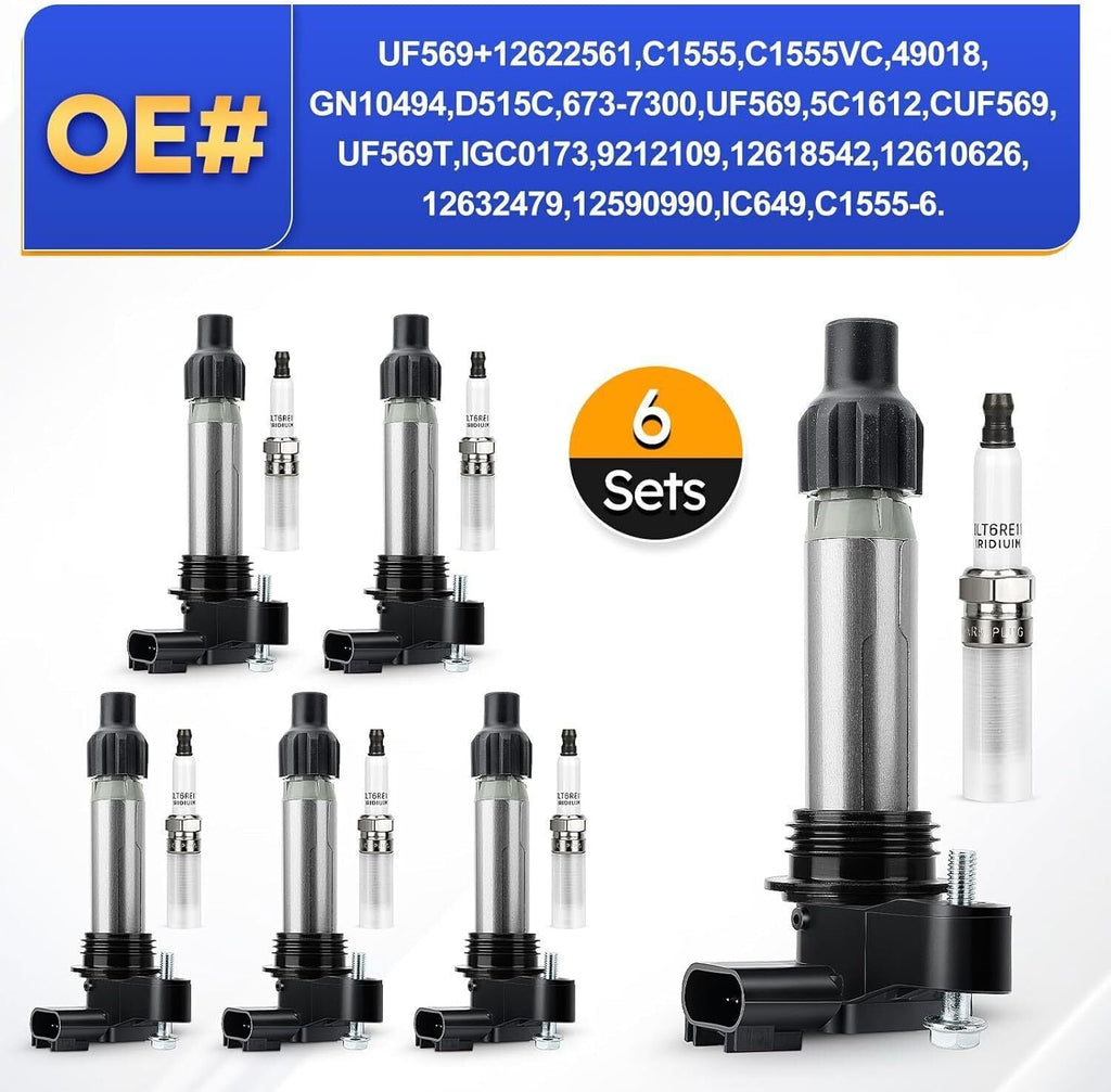 6x Ignition Coil & Iridium Spark Plug Packs For Cadillac GMC Chevy Buick UF569