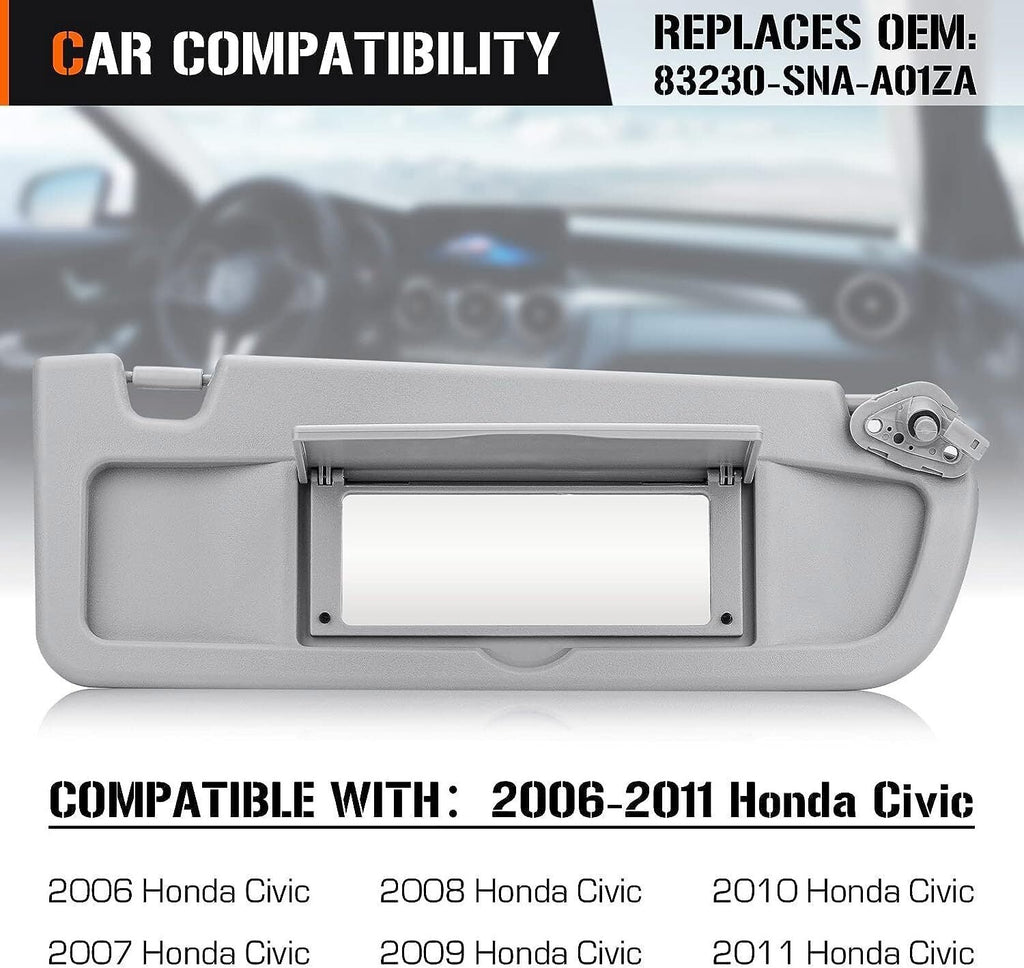 Passenger Side RH Sun Visor For Honda Civic 2006 2007 2008 2009 2010 2011 Grey