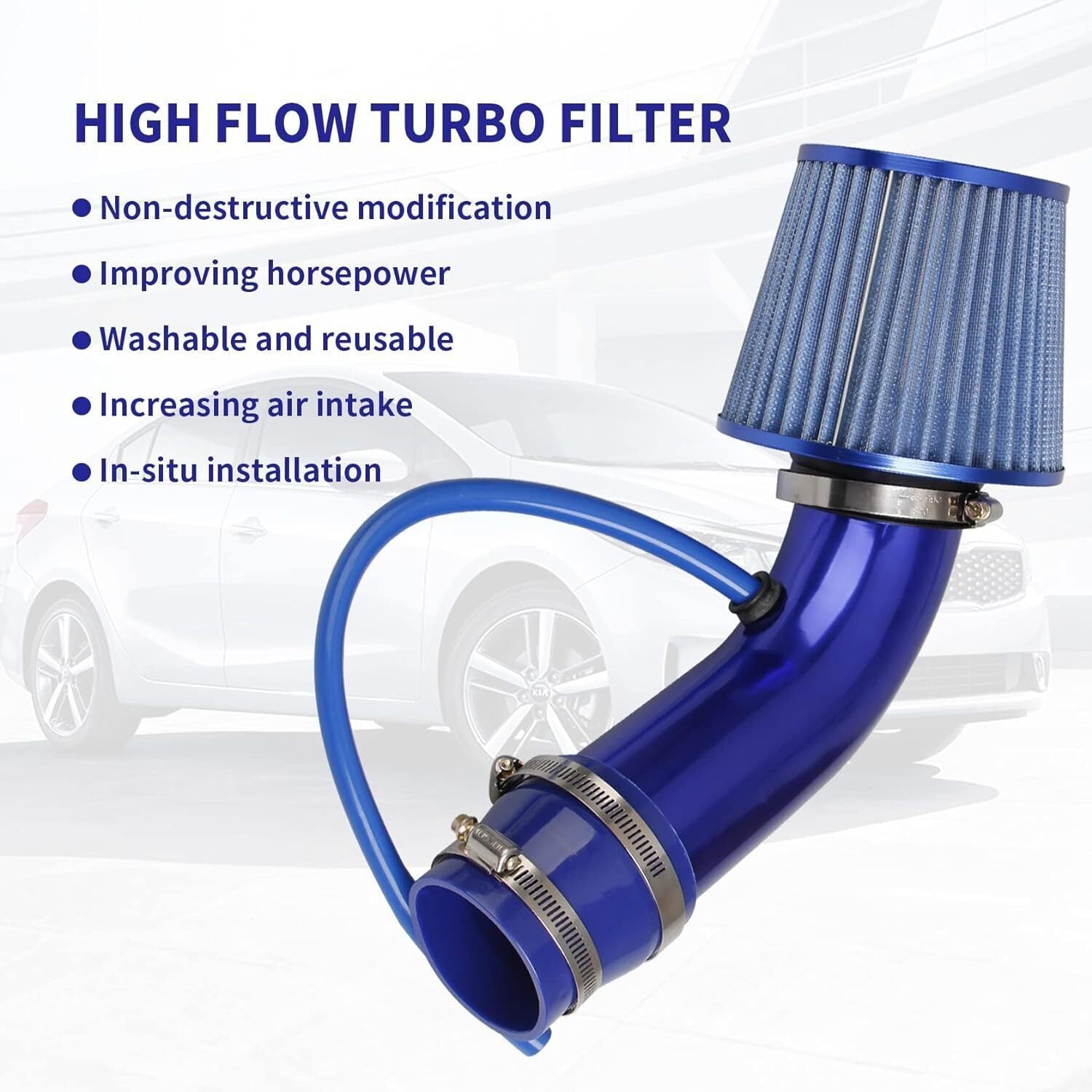 3" Cold Air Intake Pipe Universal Induction Kit Aluminum Hose With Filter Blue