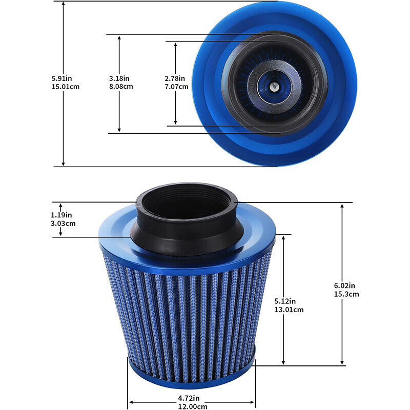 3" Cold Air Intake Pipe Universal Induction Kit Aluminum Hose With Filter Blue