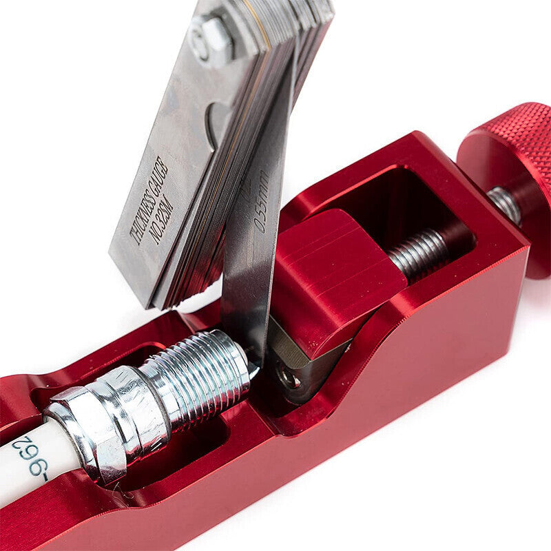 Engine Spark Plug Gap Gapper Tool with 32 Blades Measuring Tool Metric SAE Red