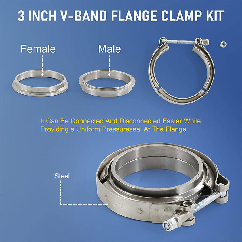 3" V-Band Flange&Clamp Kit Male/Female With Ridge Exhaust Steel X4 PCS