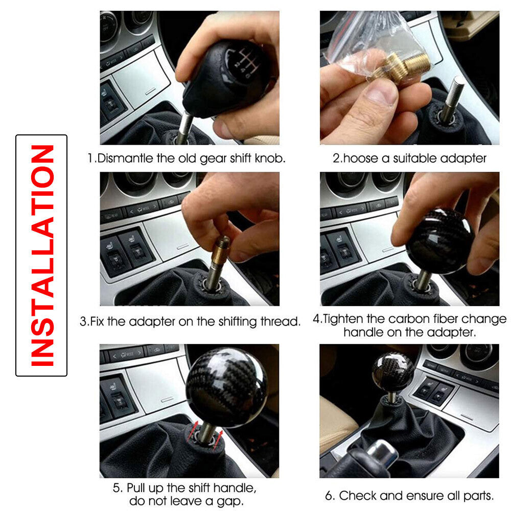 Universal Carbon Fiber Style Gear Shift Knob Round Ball with 3 Adapters