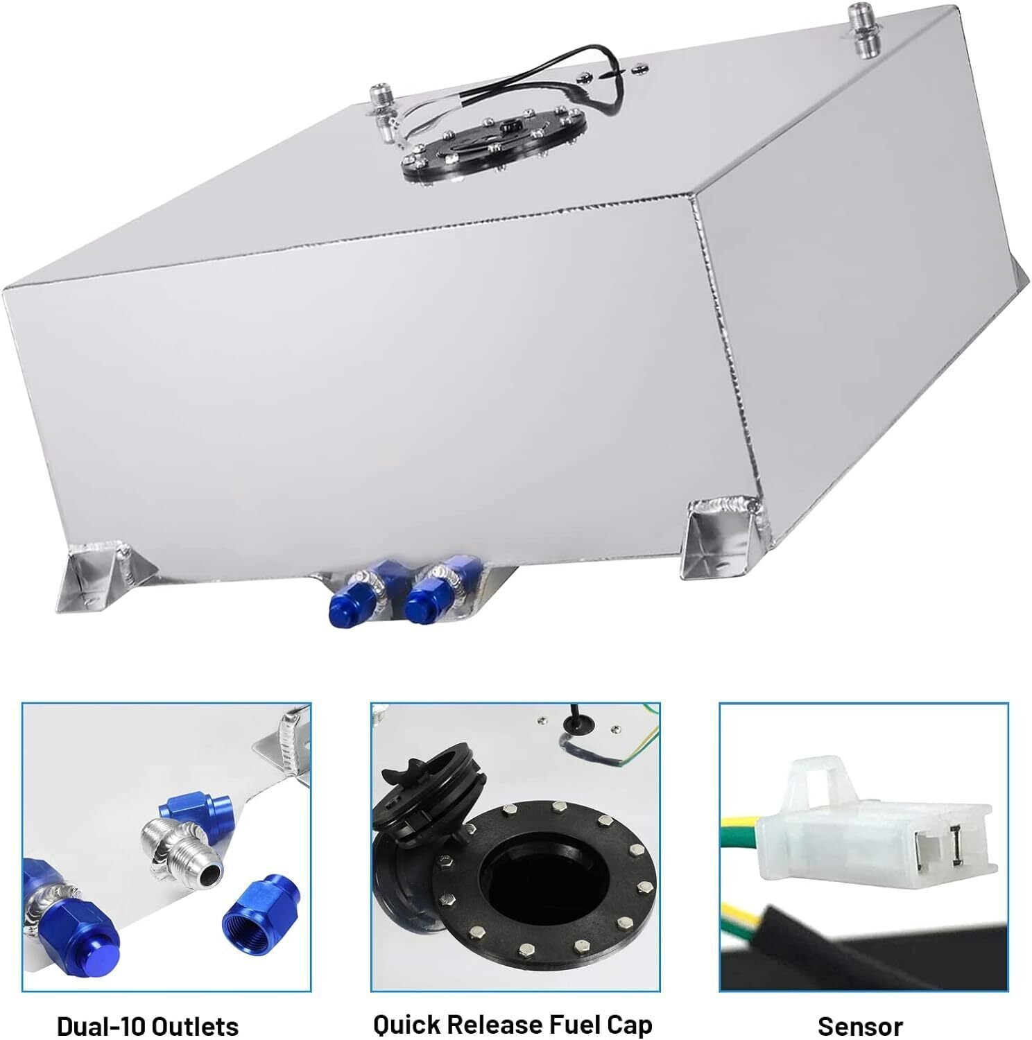 20 GALLON ALUMINUM FUEL CELL GAS TANK+CAP+LEVEL SENDER+STEEL FUEL LINE KIT US