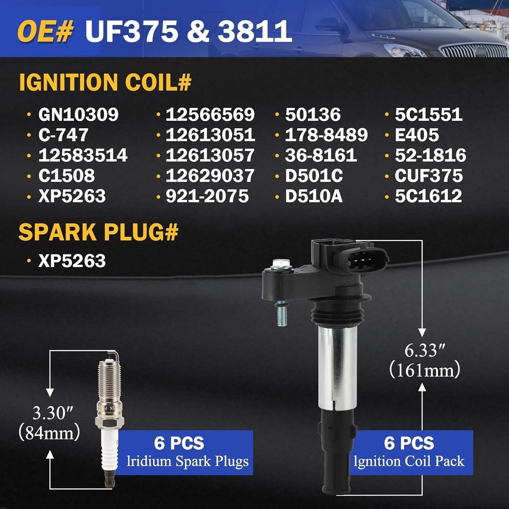 6X Ignition Coil + Spark plugs Fit for Cadillac CTS STS SRX Buick GMC 3.6L UF375