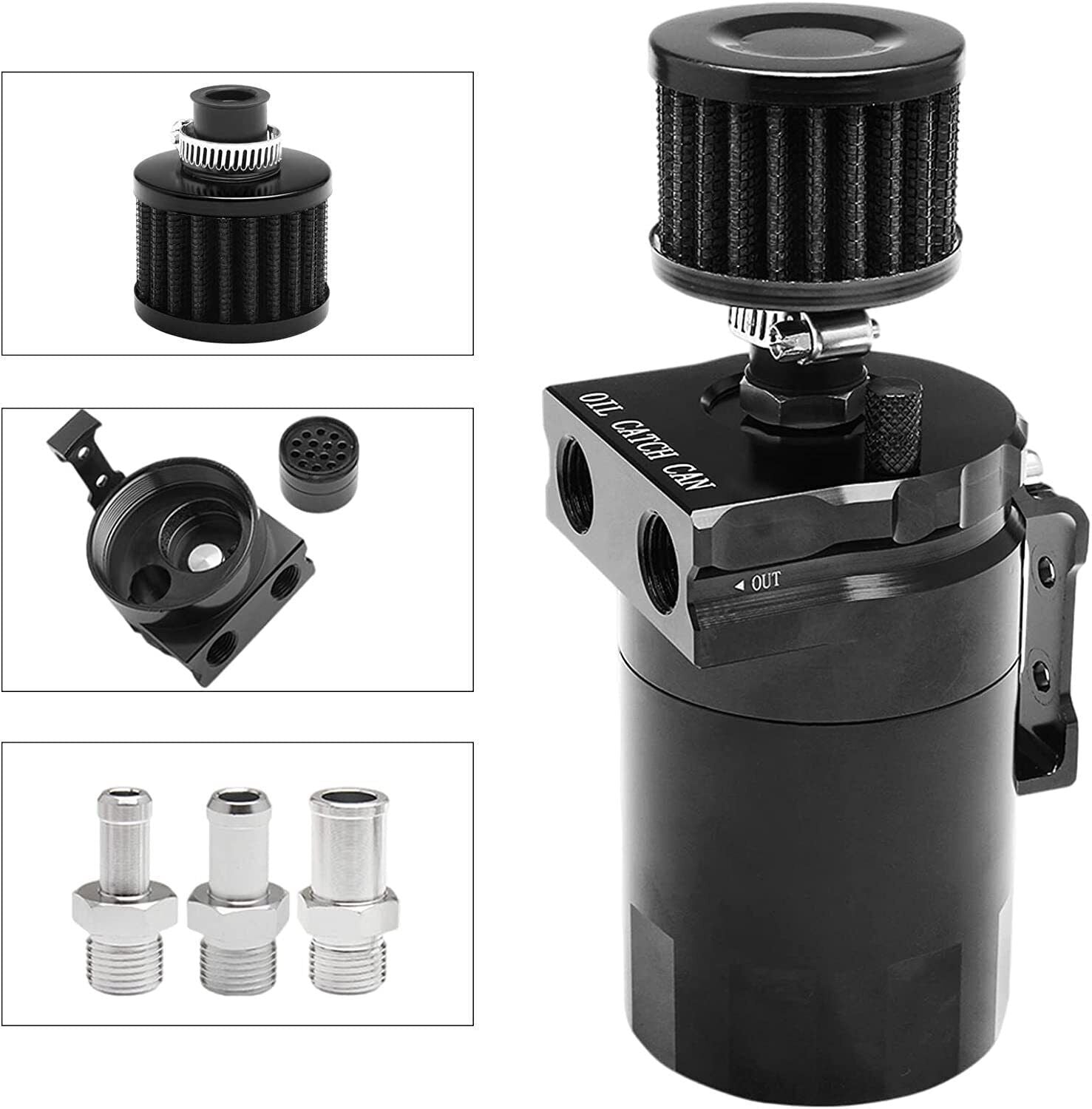 Oil Catch Can Kit Reservoir Black Tank with Breather Filter Universal Aluminum