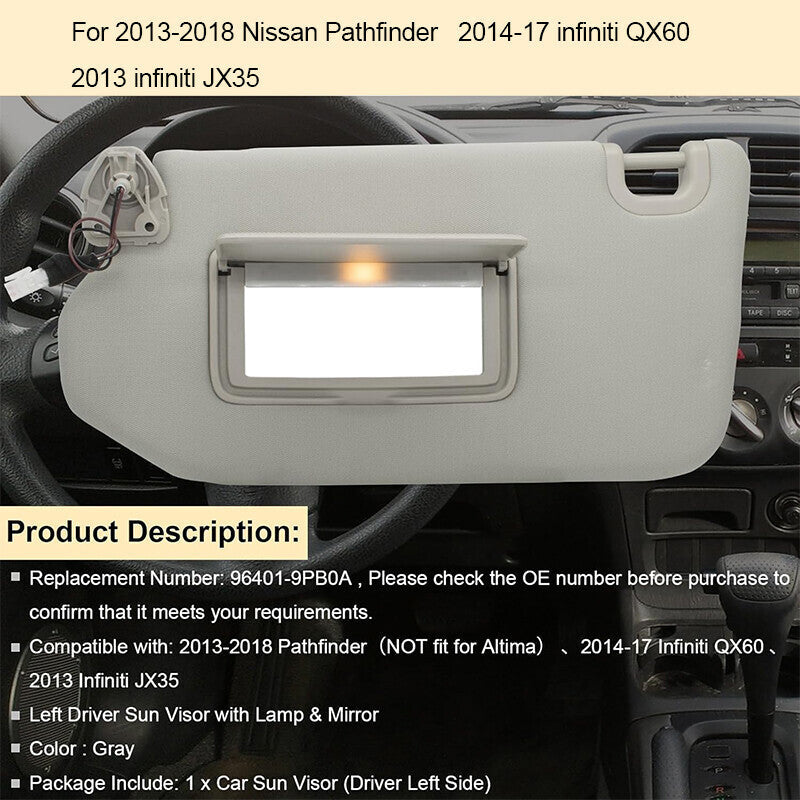 Left Driver Gray Sun Visor With Lamp for Nissan Pathfinder 2013-2018 96401-9PB0A