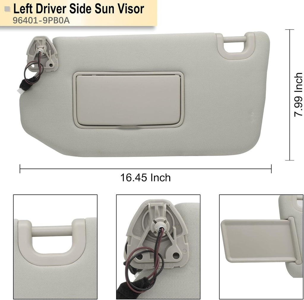 Left Driver Gray Sun Visor With Lamp for Nissan Pathfinder 2013-2018 96401-9PB0A