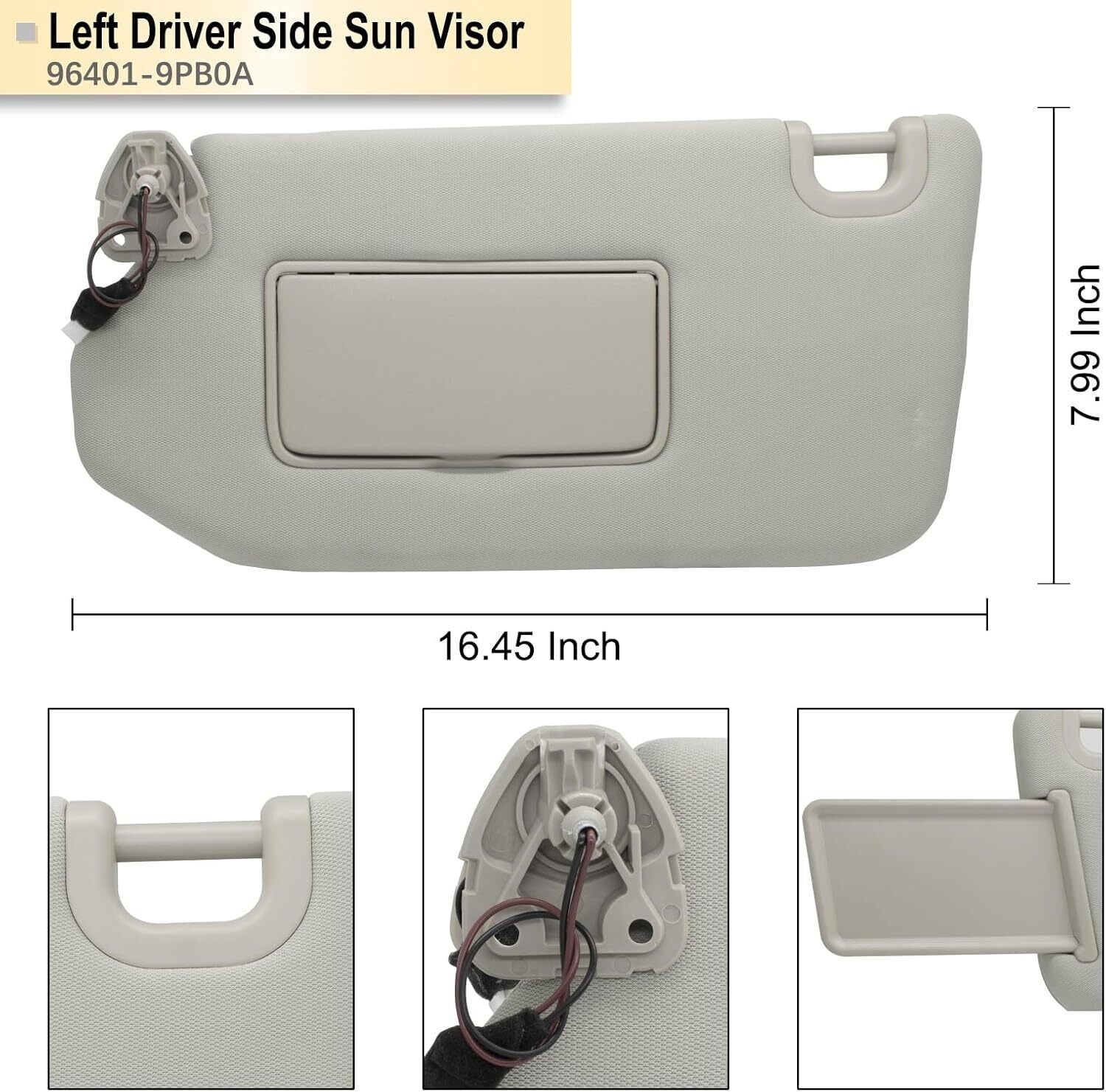 Left Driver Gray Sun Visor With Lamp for Nissan Pathfinder 2013-2018 96401-9PB0A
