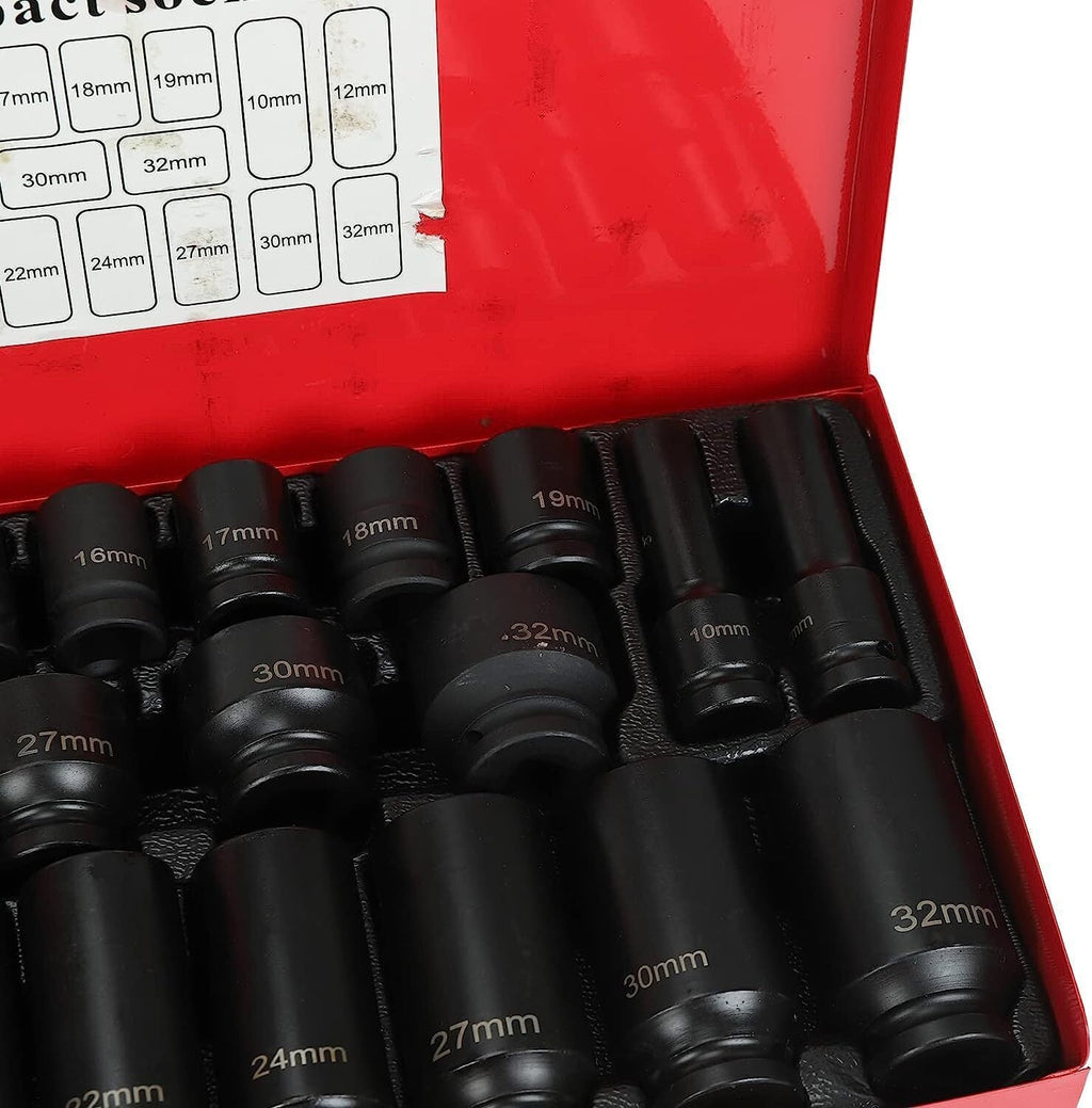 35pcs 1/2" Inch Deep Impact Socket Set Drive 8-32mm Metric Garage Sae With Case
