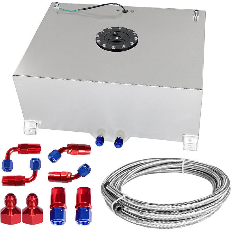 20 GALLON POLISHED SLIVE FUEL CELL GAS TANK+CAP+LEVEL SENDER+STEEL FUEL LINE KIT