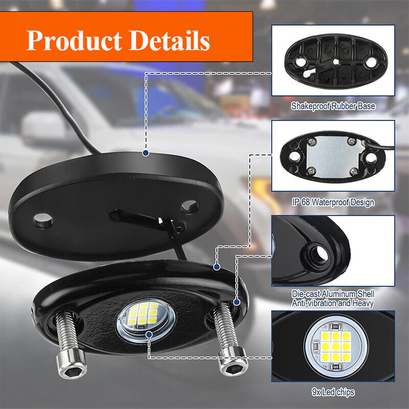 White LED Rock Lights Underbody Trail Rig Glow Lamp Offroad SUV Pickup NEW