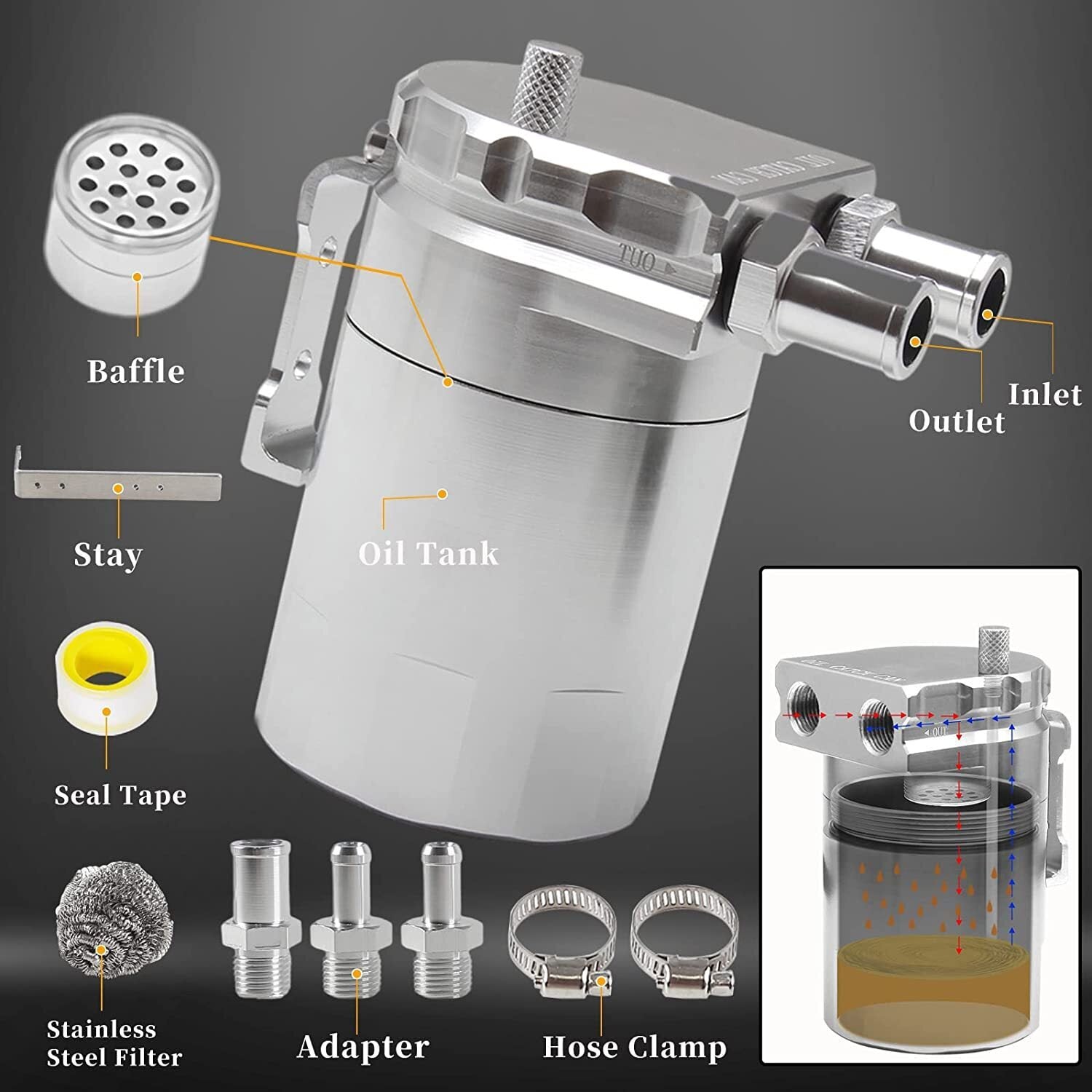 Oil Catch Can Kit Reservoir Baffled Tank with NBR Hose Universal Aluminum Engine