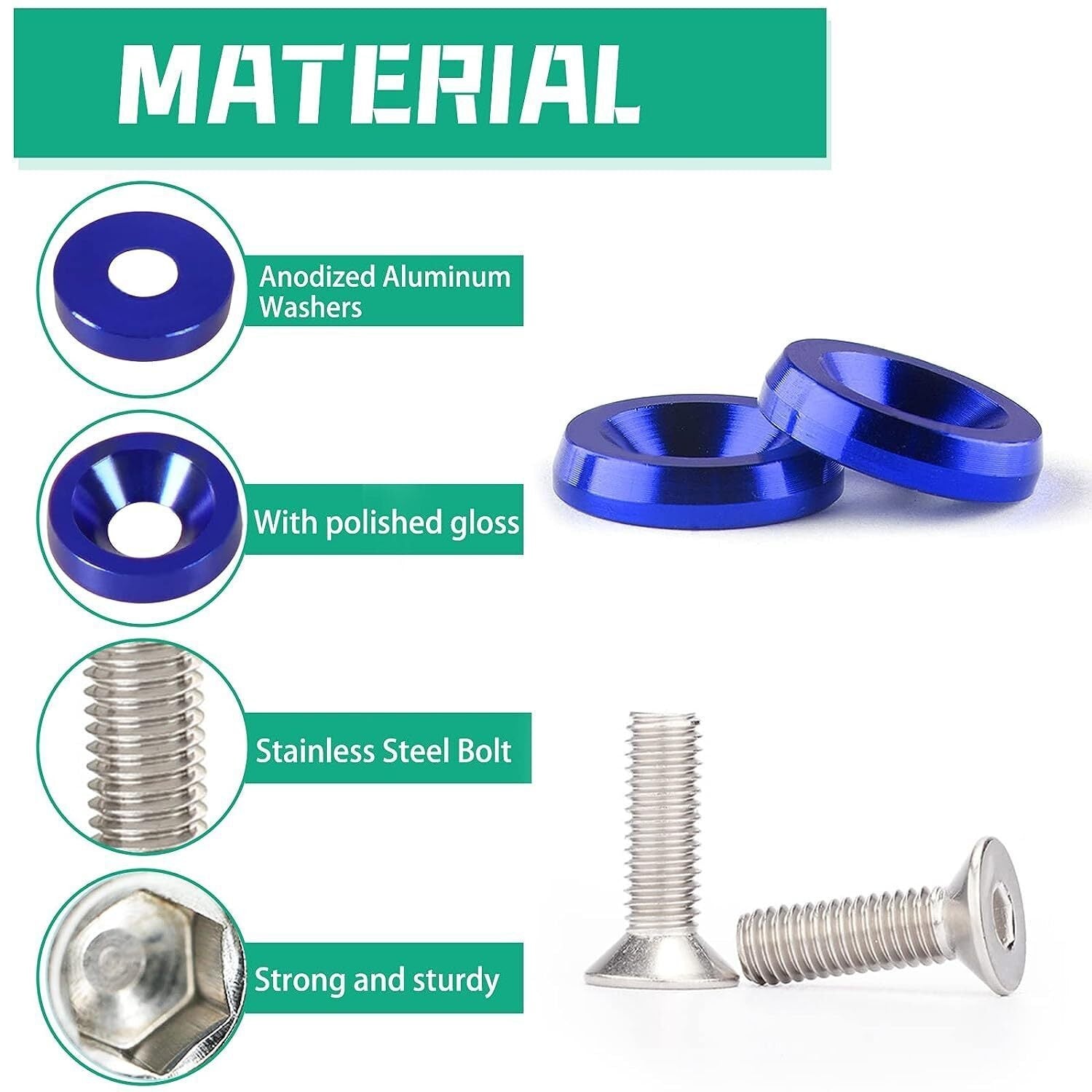30Pcs Blue Billet Aluminum Fender Bumper Washer Bolt Engine Bay Screw Kit Parts