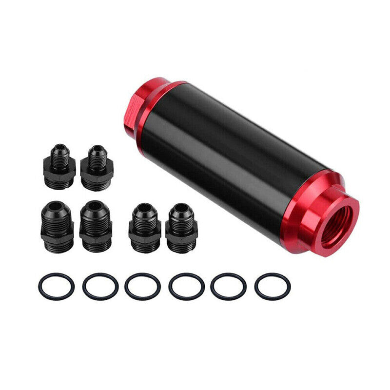Inline Fuel Filter High Flow 100 Micron Reusable AN6 AN8 AN10 Adapter Black &Red