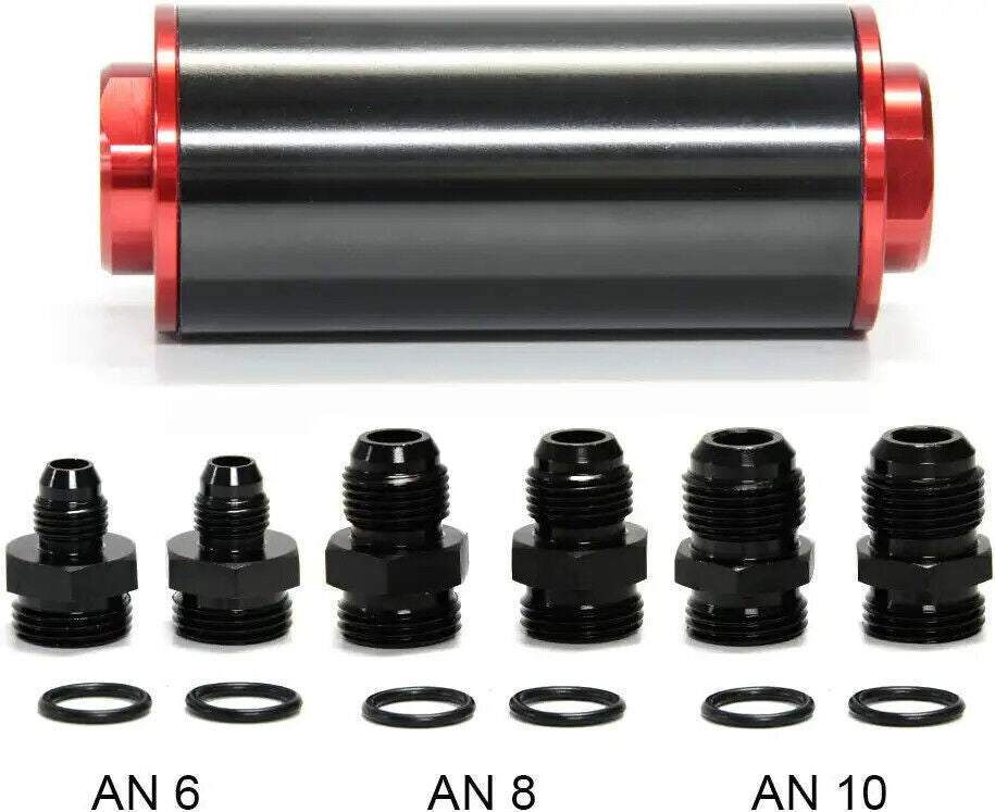 Inline Fuel Filter High Flow 100 Micron Reusable AN6 AN8 AN10 Adapter Black &Red