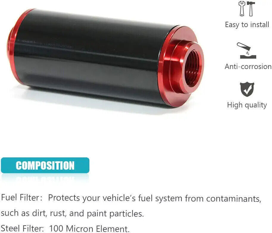 Inline Fuel Filter High Flow 100 Micron Reusable AN6 AN8 AN10 Adapter Black &Red