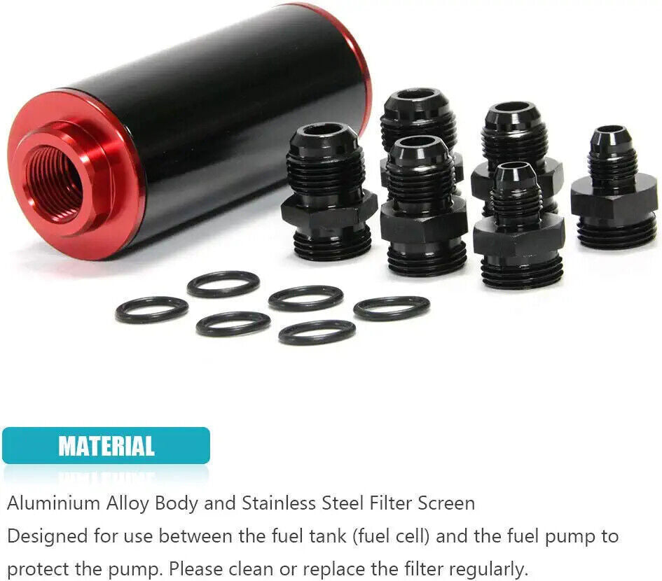 Inline Fuel Filter High Flow 100 Micron Reusable AN6 AN8 AN10 Adapter Black &Red