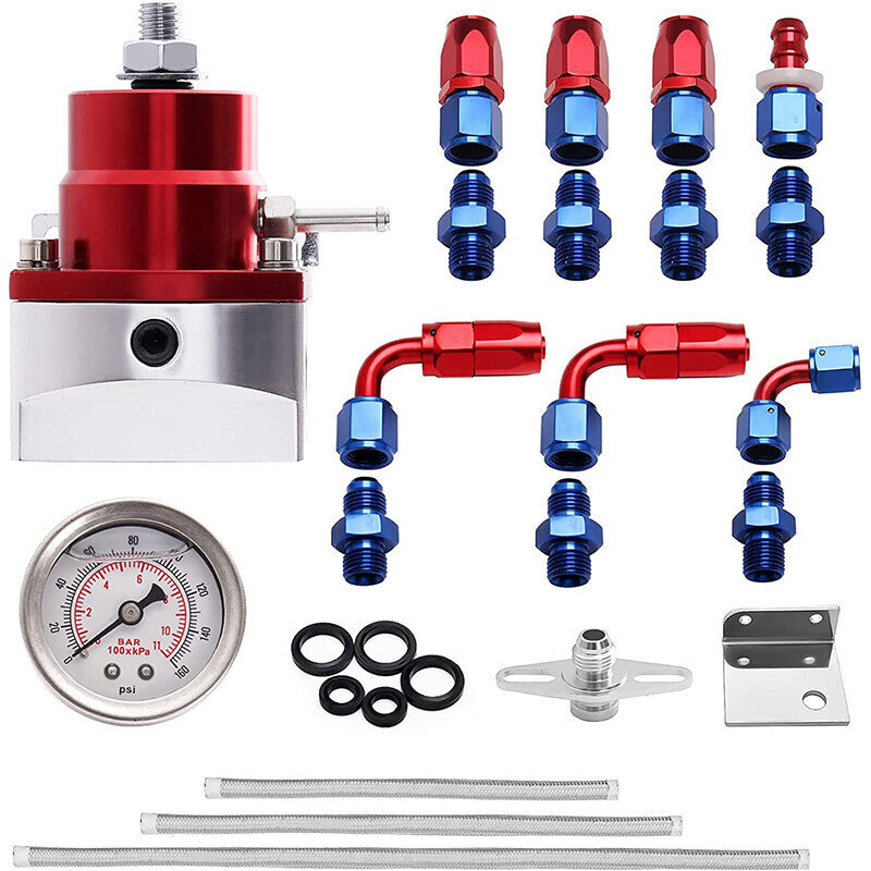 Adjustable Fuel Pressure Regulator Kit Oil 0-100psi Gauge -6AN Blue & Red
