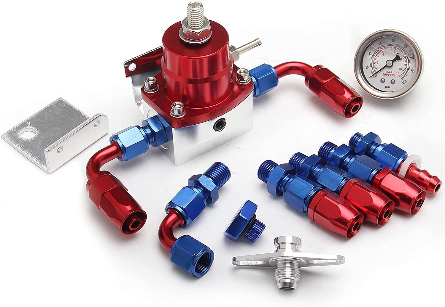 Adjustable Fuel Pressure Regulator Kit Oil 0-100psi Gauge -6AN Blue & Red
