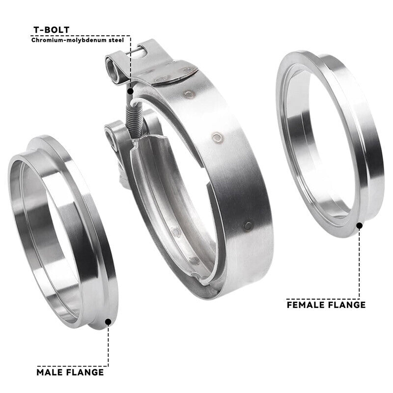 4PCS 3 Inch V Band Clamp Kit w Male Female Flange Mild Steel Turbo Exhaust 3"