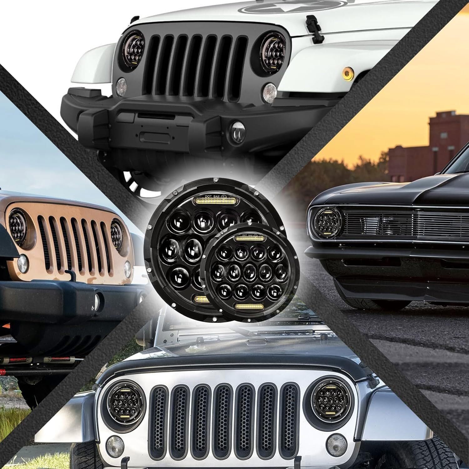Pair 7" Inch Round LED Headlights Halo Angle Eyes For Jeep Wrangler JK LJ TJ CJ