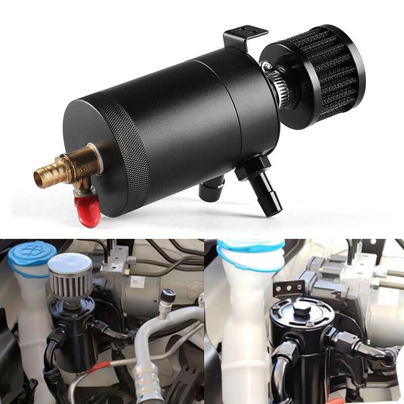 2 Port Reservoir Baffled Tank Oil Catch Can with Drain Valve Breather Black New