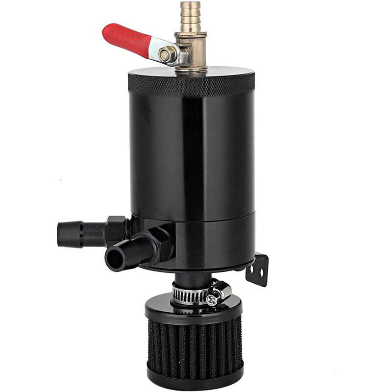 2 Port Reservoir Baffled Tank Oil Catch Can with Drain Valve Breather Black New