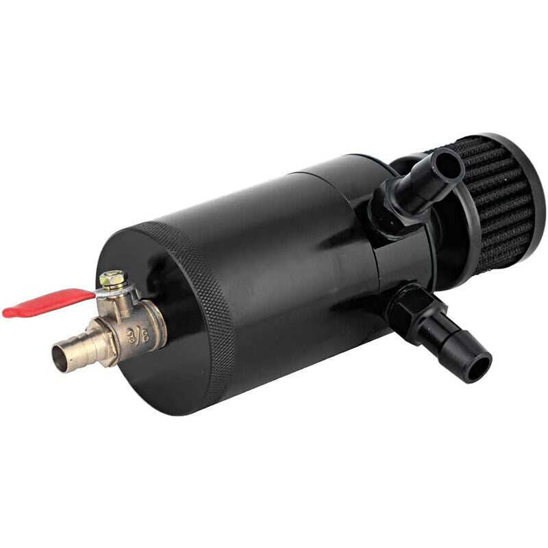 2 Port Reservoir Baffled Tank Oil Catch Can with Drain Valve Breather Black New