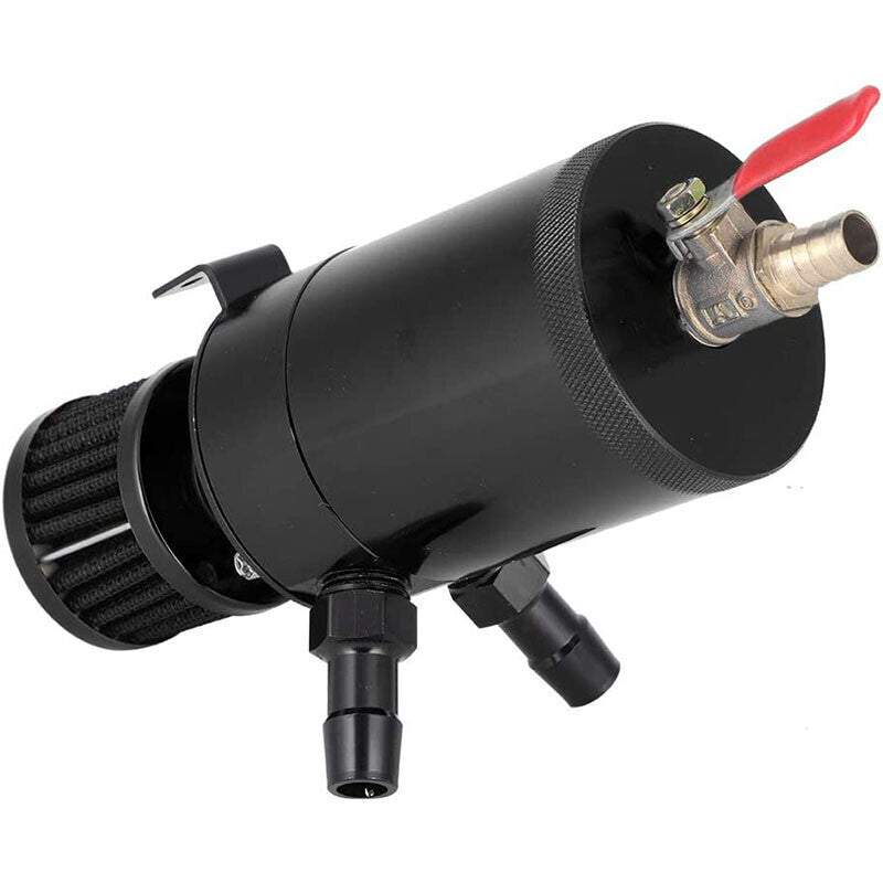 2 Port Reservoir Baffled Tank Oil Catch Can with Drain Valve Breather Black New